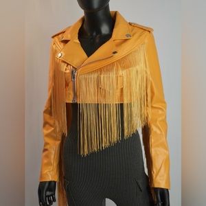 Orange Cropped Faux Leather Jacket